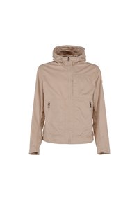 Giacca cappuccio beige realizzata in tessuto leggero con zip frontale, due tasche laterali e una tasca sul petto. Texture liscia e vestibilità casual.