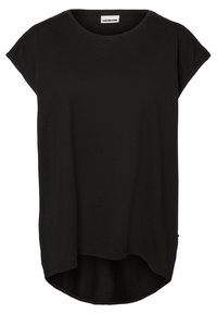 T-shirt nera a maniche corte con orlo arrotondato, realizzata in tessuto morbido, presenta una vestibilità rilassata e un design a scollo rotondo.