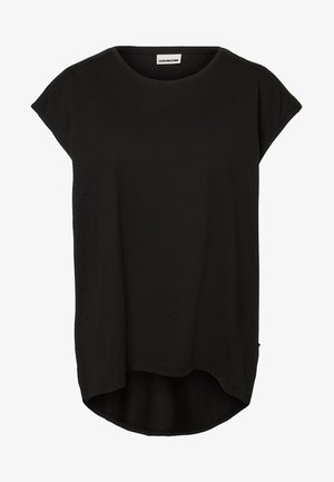 Črna majica s kratkimi rokavi z zaobljenim robom, izdelana iz mehke tkanine, ima sproščen kroj in izrez s krožnim vratom.