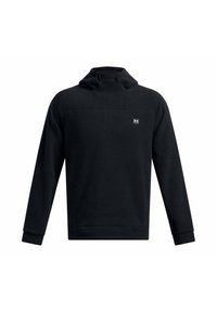 Felpa nera con collo alto e coulisse, caratterizzata da una texture morbida, maniche lunghe e un piccolo logo sul petto.