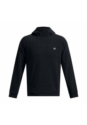 Sweat à capuche noir avec un col montant et des cordons de serrage, doté d'une texture douce, de manches longues, et d'un petit logo sur la poitrine.