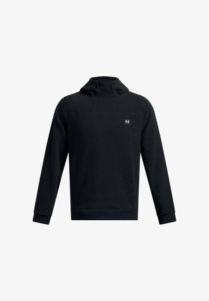 Sweat à capuche noir avec un col montant et des cordons de serrage, doté d'une texture douce, de manches longues, et d'un petit logo sur la poitrine.