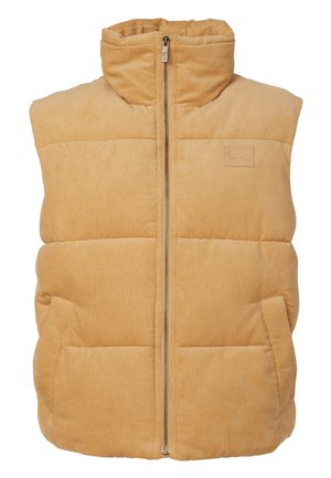 Veste sans manches matelassée en velours côtelé beige avec col montant, fermeture éclair à l’avant, poches latérales et un petit écusson rectangulaire sur la poitrine.