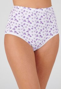 Mutande a vita alta in cotone bianco con un motivo floreale viola. Presentano un morbido elastico in vita e un delicato bordo in pizzo lungo i bordi.
