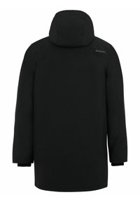 Giacca nera da esterno con cappuccio, maniche lunghe e texture liscia. Dettaglio del logo sulla spalla, progettata per offrire calore e funzionalità.