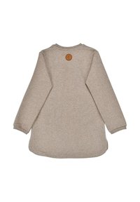 Hooded sweatshirt in light beige with long sleeves, ribbed cuffs, rounded hem, and a round embossed leather logo on the upper back.