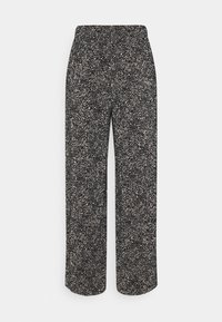 Zwarte en crème gestreepte wijde broek met een elastische tailleband. De stof heeft een gespikkeld ontwerp en een zachte textuur.