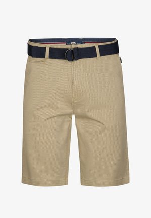 Shorts beige dalla texture a coste che arrivano al ginocchio, con tasche laterali e cintura di stoffa blu navy con fibbia a doppio anello.
