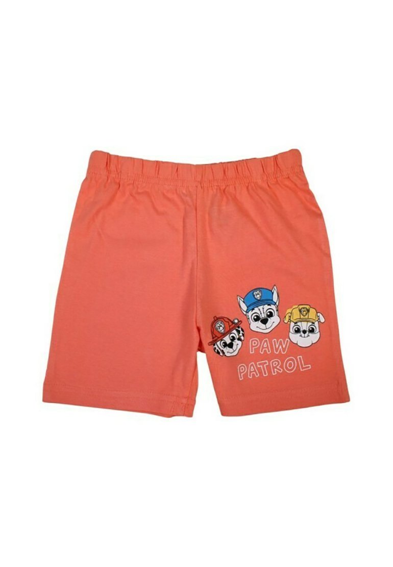 Shorts en jersey corail avec une taille élastique, ornés de personnages et d'un logo Paw Patrol imprimés en blanc et noir.