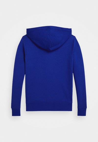 Blaues Kapuzensweatshirt mit glatter Textur, langen Ärmeln und Kängurutasche. Es hat eine einfarbige Gestaltung ohne Muster oder Hardware.