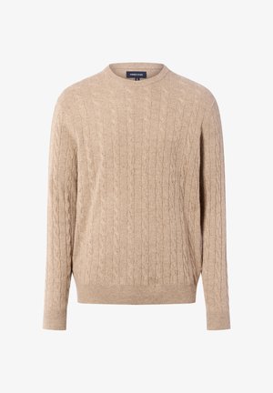 Pull en tricot beige avec un motif en relief, col rond et poignets côtelés. Fabriqué à partir d'un matériau doux et texturé pour apporter de la chaleur.