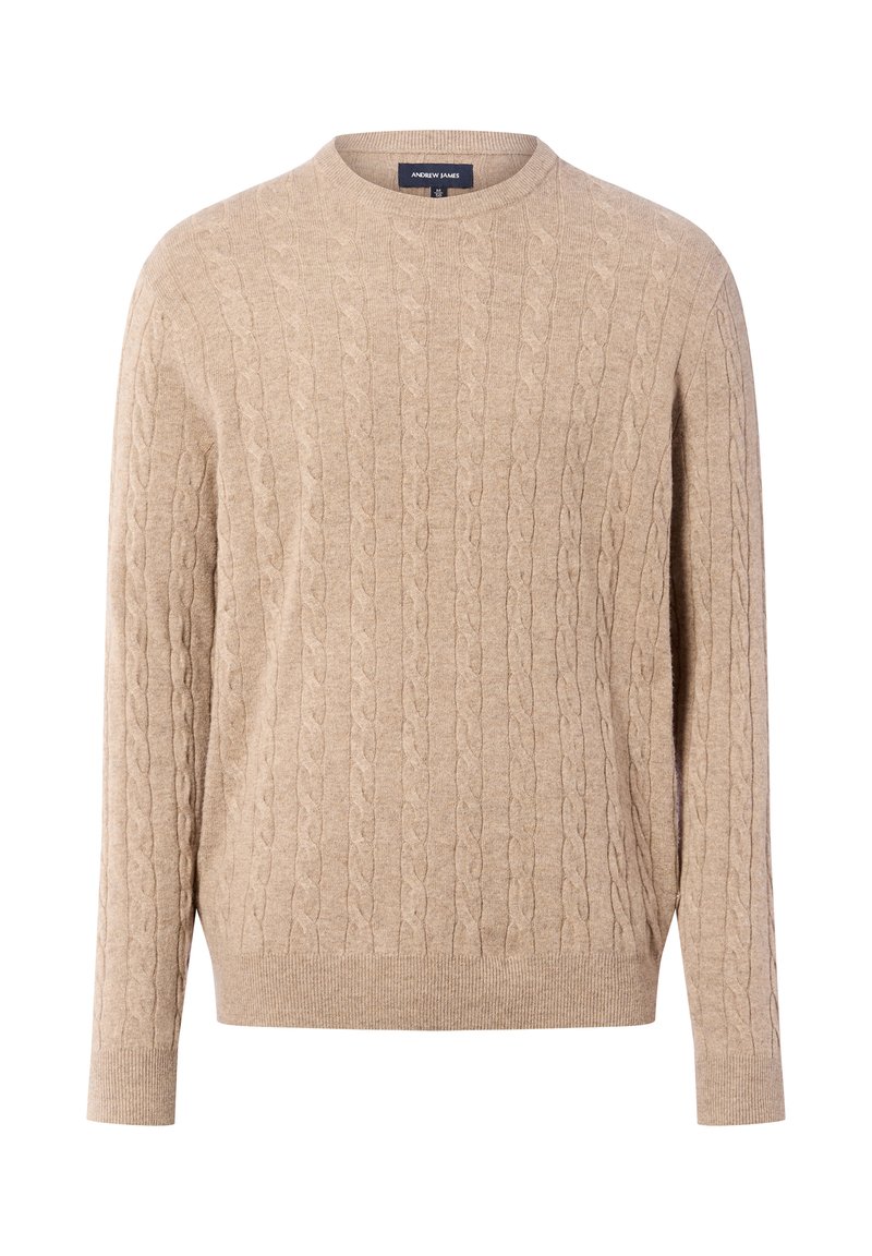 Beige gestrickter Pullover mit Zopfmuster, Rundhalsausschnitt und Rippbündchen. Hergestellt aus einem weichen, strukturierten Material für Wärme.