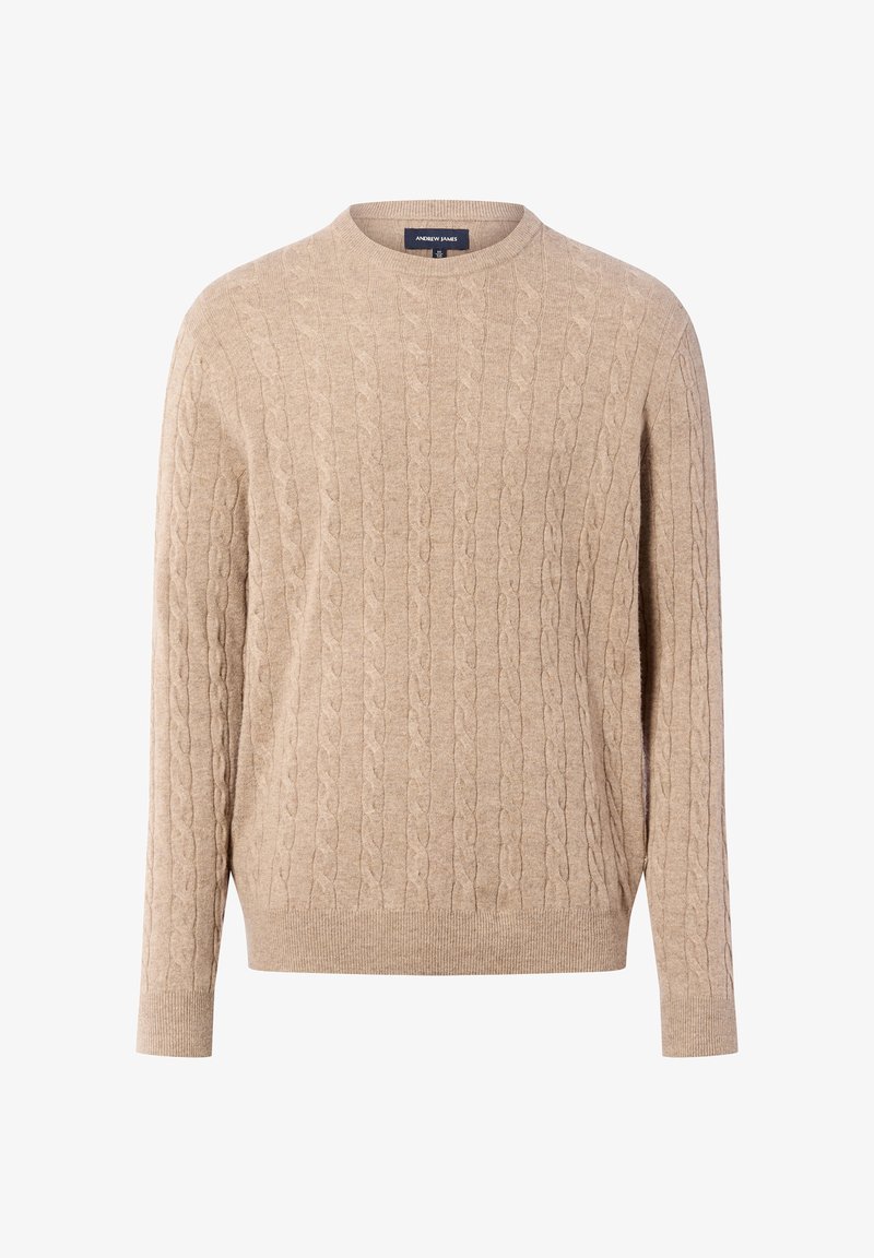 Pull en tricot beige avec un motif en relief, col rond et poignets côtelés. Fabriqué à partir d'un matériau doux et texturé pour apporter de la chaleur.