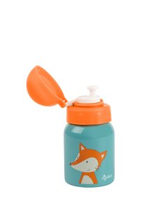 Blue stainless steel water bottle with an orange cap. Features a fox illustration on the front. Cap has a flip top for easy access.
