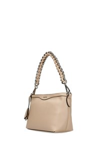 Beige leather handbag with a braided chain handle, featuring a smooth texture and subtle embossed logo detail along the top.