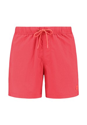 Crvene kupaće hlače s elastičnim pojasom, zatvaranjem na vezanje i malom logom aplikacijom. Lagana tkanina s glatkom teksturom.