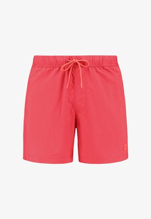 Crvene kupaće hlače s elastičnim pojasom, zatvaranjem na vezanje i malom logom aplikacijom. Lagana tkanina s glatkom teksturom.