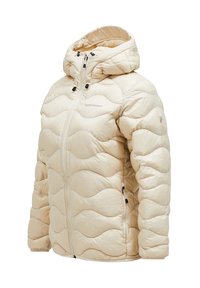 Beige quiltet dunjakke med hætte, lynlås foran, sidelommer og justerbare snore på hætten.