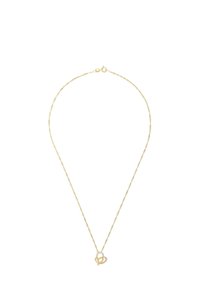 Collana in oro a catena intrecciata con pendente a doppio cuore, uno dei quali è ornato con pietre trasparenti.