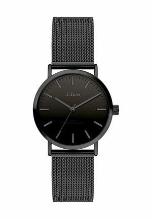 Zwart s.Oliver quartz horloge met minimalistische wijzerplaat, zilveren uurmarkeringen, drie wijzers en zwarte gevlochten metalen band.