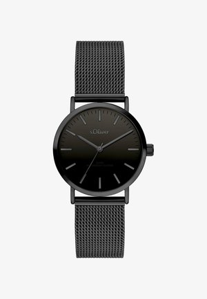 Schwarze s.Oliver Quarzuhr mit minimalistischem Zifferblatt, silbernen Stundenmarkierungen, drei Zeigern und schwarzem, geflochtenem Metallarmband.