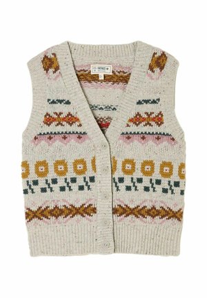 Strickweste in Hellgrau mit floralem Muster in Gelb, Pink und Grün. Mit V-Ausschnitt, Knopfverschluss und geripptem Saum.