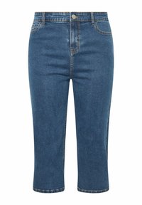 Donkerblauwe denim capri broek met een rechte pijp, voorzien van een vijfzakkenontwerp en een traditionele knoop- en ritsluiting.
