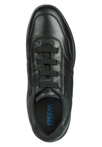 Sneaker in pelle nera con una texture liscia, dotato di sei lacci piatti, punta arrotondata e un logo blu all'interno della scarpa.