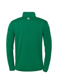 Groene lange mouwen pullover met een hoge kraag, gemaakt van gladde stof. Heeft een logo op de rug en een eenvoudige uitstraling zonder patronen.