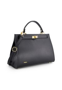 Sort tekstureret læderhandbag med guldhardware, top-håndtag, justerbar skulderrem og "Venezia" brandlogo på fronten.