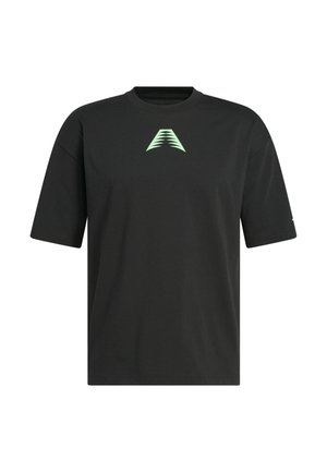 T-shirt noir à manches courtes en coton, arborant un logo triangulaire vert phosphorescent sur la poitrine. Coupe décontractée, col rond.