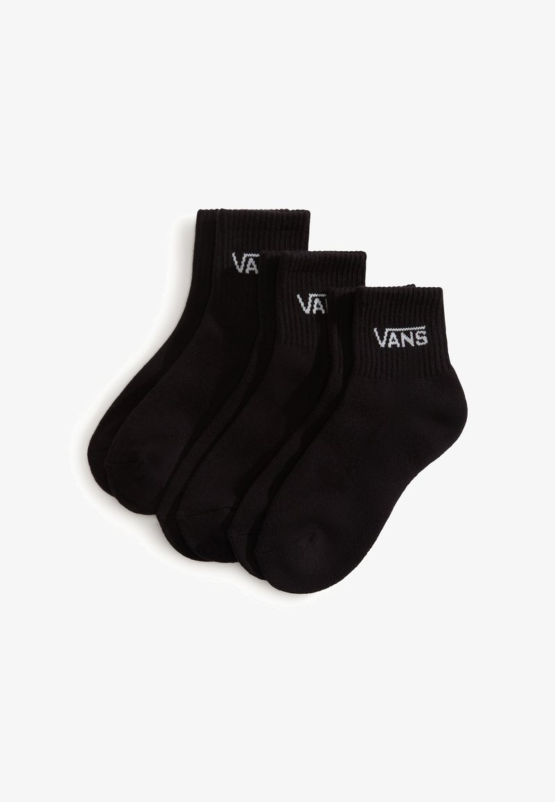 Conjunto de cuatro pares de calcetines negros de algodón con puños acanalados y el logo en blanco de "VANS" en cada uno. Textura de tela suave, ajuste estándar.