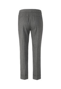 Gray pinstriped trousers with a fitted design, two back pockets, and a formal cut, featuring a cuffed hem and subtle texture.