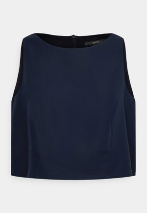 Top sem mangas azul-marinho com decote redondo e fecho de correr na parte de trás. Tecido suave com ligeiro brilho. Design limpo sem padrões.