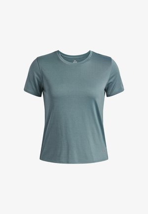 Světle modré tričko s krátkým rukávem a kulatým výstřihem, texturovaná tkanina a jemné horizontální pruhy. Obsahuje viditelné logo na lemu.