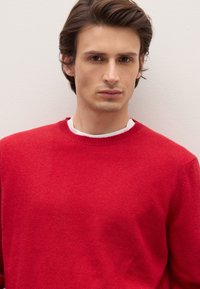 Junger Mann mit dunklem Haar, der einen roten Pullover über einem weißen Hemd trägt und vor einer schlichten weißen Wand steht, nach vorne blickend.