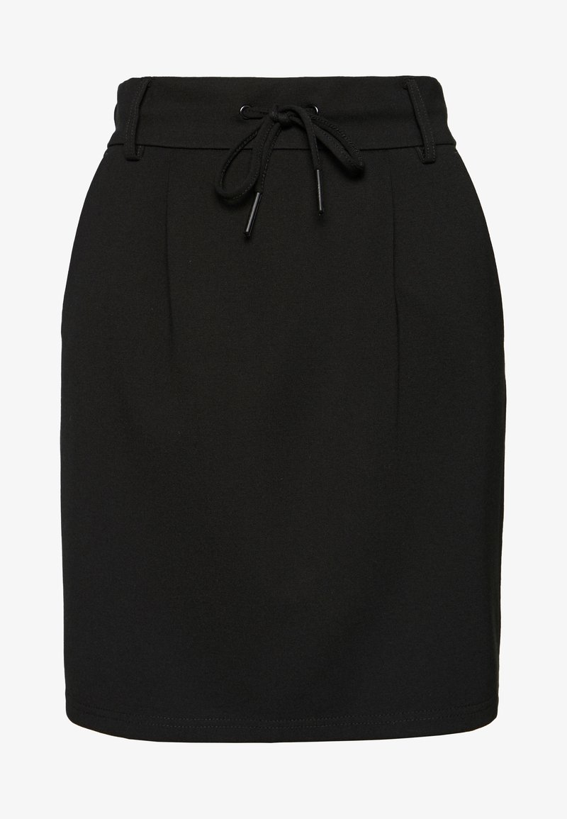 Jupe noire longueur genou avec passants pour ceinture et un cordon noir noué en nœud à la taille, devant uni.