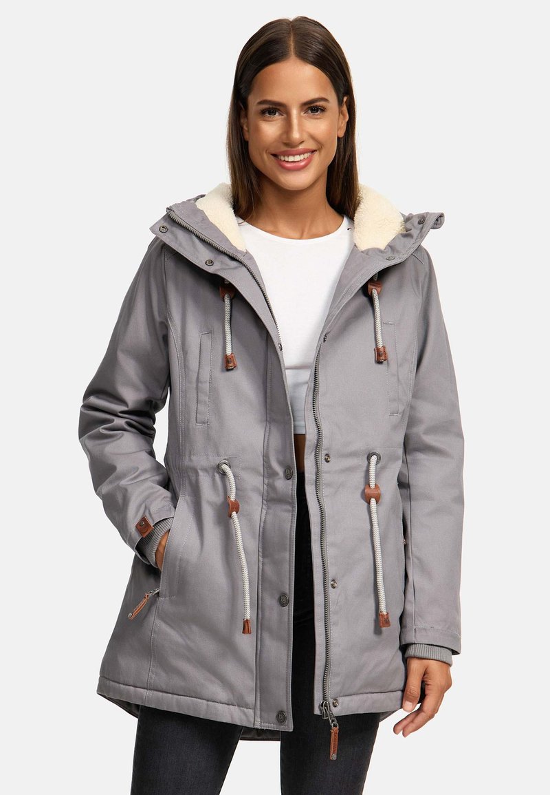 Gray outer jacket with a fur-lined hood, featuring drawstrings, faux-leather accents, and side pockets. Smooth texture with a mid-thigh length.