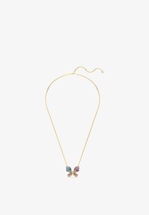 Goldkette mit einem Schmetterlingsanhänger, der blaue, rosa und violette Akzente aufweist, sowie einer zarten Kette mit verstellbarem Verschluss.