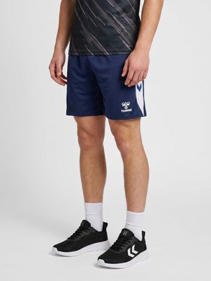 Man wearing navy blue sports shorts with white side panels, black athletic shoes with white soles, and white crew socks standing on gray background.