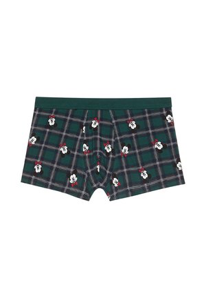 Pantaloni boxer in tartan verde scuro con motivi bianchi, rossi e neri di Topolino; vita elastica con una texture liscia.