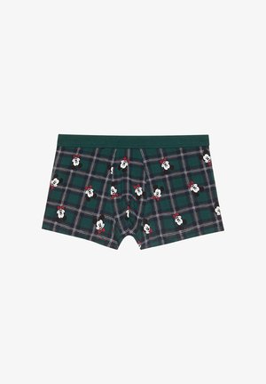 Pantaloni boxer in tartan verde scuro con motivi bianchi, rossi e neri di Topolino; vita elastica con una texture liscia.