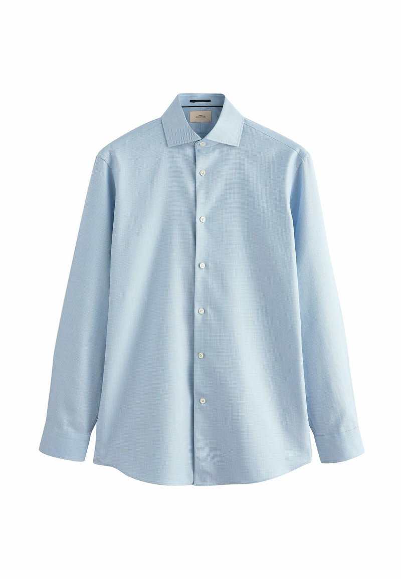 Chemise à boutons bleu clair à motif carreaux, fabriquée en tissu tissé avec un col classique et des manches longues, dotée d'un ourlet incurvé.