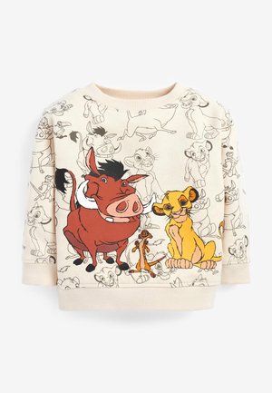 Sweat-shirt crème pour enfants avec les personnages du Roi Lion Timon, Pumbaa et Simba en style coloré et esquissé.