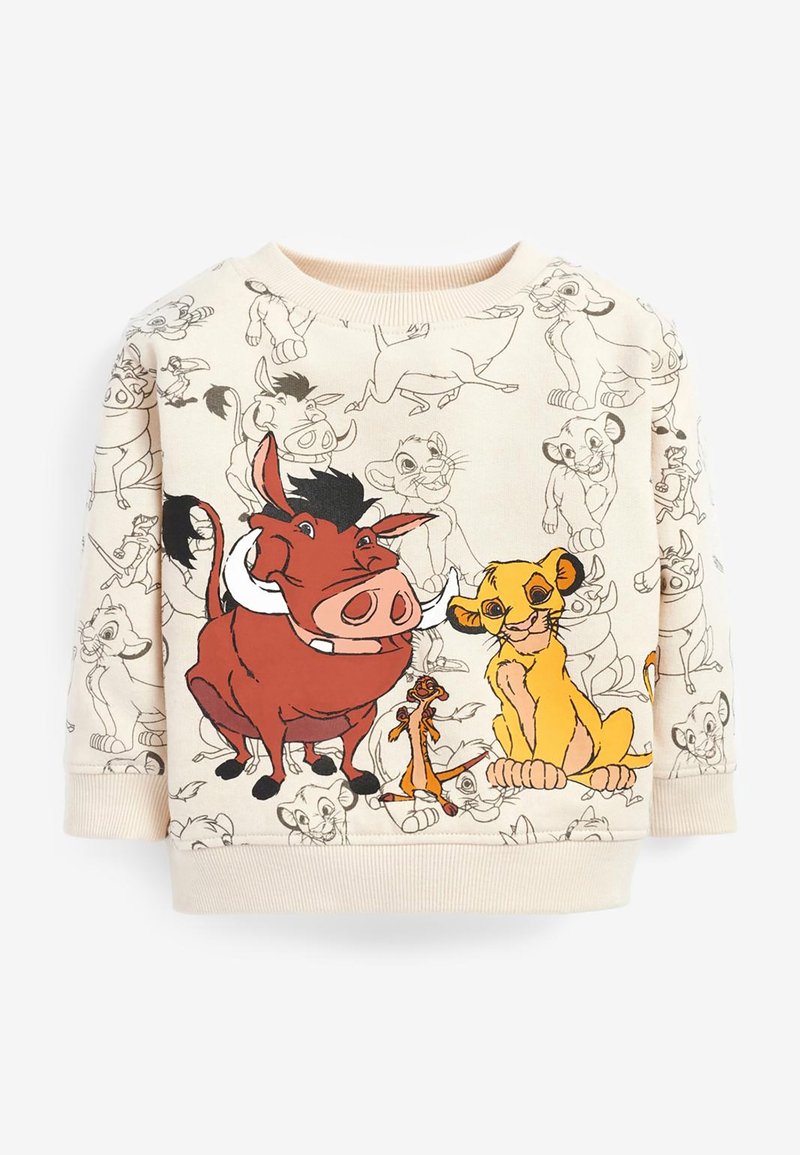 Sweat-shirt crème pour enfants avec les personnages du Roi Lion Timon, Pumbaa et Simba en style coloré et esquissé.