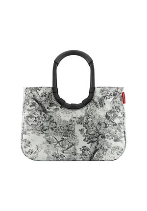 Tote bag with a black and white tree pattern, soft fabric, rounded top with black handles, and a structured rectangular shape.
