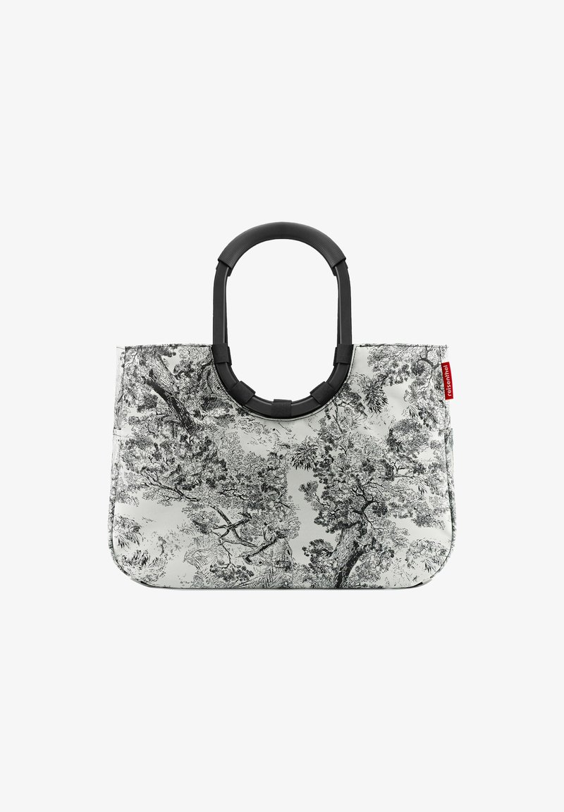 Tote bag met een zwart-wit boompatroon, zachte stof, ronde bovenkant met zwarte handvatten en een gestructureerde rechthoekige vorm.