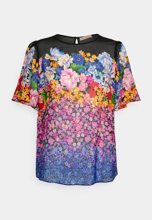 Schwarze transparente Kurzarmbluse mit leuchtendem Blumenmuster in Pink, Orange, Blau und Grün auf der gesamten Vorderseite und den Ärmeln.