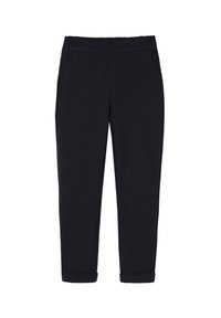 Pantaloni blu navy realizzati in materiale morbido, con vita elastica, tasche laterali e orli arrotolati per un look affusolato.