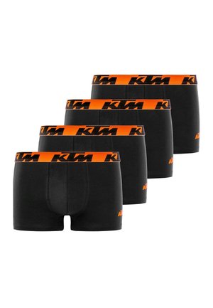 Quatre boxers noirs avec des ceintures orange arborant de grands logos "KTM" noirs, disposés en rangée décalée sur un fond blanc.